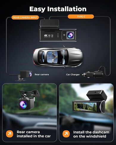 UVVlO Dash Cam Front and Rear - 2026 Upgrade 4k/2k FHD Dash Camera for Cars - 3.59" lPS Display Dual Dashcam w/Free 64GB Card, 5.8GHz WiFi, GPS, Emergency Lock, WDR, Night Vision, 24H Parking Mode in Kuwait