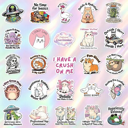 100 PCS Funny Holographic Stickers for Adults Woman, Waterproof Vinyl with Gentle Self-Deprecating Humor, Healing Vibes & Relatable Witty Sayings for Laptop, Water Bottle, Phone, Journal, No Repeats in Kuwait