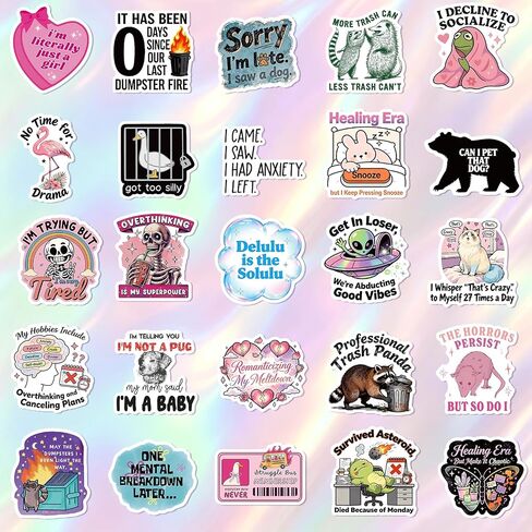 100 PCS Funny Holographic Stickers for Adults Woman, Waterproof Vinyl with Gentle Self-Deprecating Humor, Healing Vibes & Relatable Witty Sayings for Laptop, Water Bottle, Phone, Journal, No Repeats in Kuwait