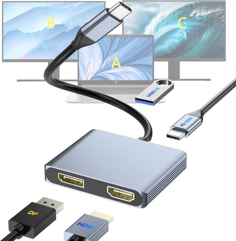 DisplayPort Splitter for Dual Monitors, 4K@60Hz USB-C to DisplayPort Adapter, Type-C Docking Station for Dell/HP/Mac, Display Port MST Hub with USB3.0/PD, Display Port Splitter for Dual Monitors in Kuwait