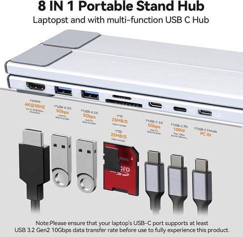 aceyoon 8 in 1 USB C Laptop Stand Docking Station with Type-C Cable Adjustable Laptop Riser Hub 4K 30Hz PD 100W Portable Notebook Dock Stand for MacBook, Pro, Air, Dell, HP, Surface, Lenovo in Kuwait