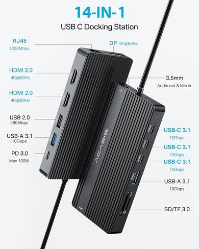 USB C Docking Station Dual Monitor, 14 in 1 USB C Hub, Adapter with 2 HDMI+DP(4K60Hz), Ethernet, 3 USBC 10G,100W PD, SD/TF, Audio, Laptop Docking Station for Dell/HP/Lenovo/ThinkPad/Surface (Black) in Kuwait