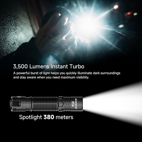 AIMWIN ET4 EDC Tactical Rechargeable Flashlight 3500 Lumens 380m Beam Throw 4 Brightness Levels Instant Search/Turbo Modes Rapid Lock One Touch Tail Button USB C Fast Charging Compact Handheld Torch in Kuwait