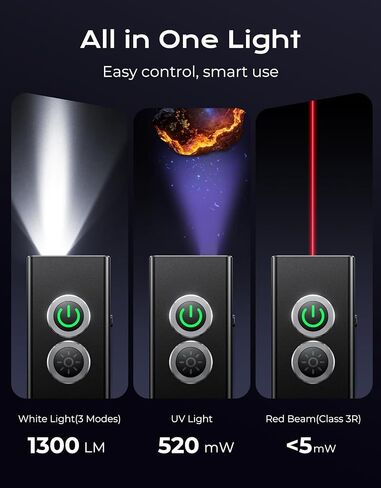 Zewdov 1300LM EDC Pocket Flashlight, 5-in-1 (Spotlight/UV/Red Beam/Floodlight/Red LED) Rechargeable Magnetic/Clip Flat Flashlight, IP44 Waterproof, for Outdoor/Emergency/Work/Pet Urine Detection in Kuwait
