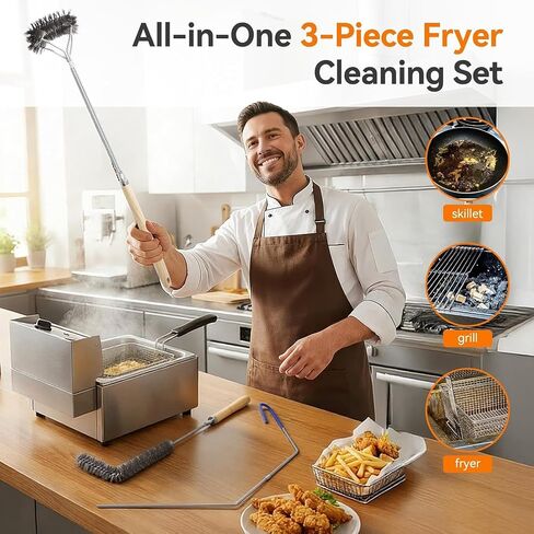 Fryer Cleaning Tools, 3 PCS Stainless Steel Deep Fryer Cleaning Tools, with Deep Fryer L-Shaped Brush, Long Handle Basket Brush and Fryer Cleanout Rod for Restaurants (Black) in Kuwait