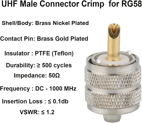 Pack of 5 UHF PL-259 PL259 Male-Plug Crimp Connector Adapter Connector for RG58/U LMR195 (UHF Male Crimp RG58) in Kuwait