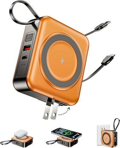 10000mAh for Magsafe Portable Charger Built-in Cables & AC Wall Plug,Orange in Kuwait