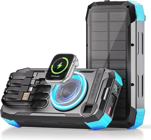49800mAh Solar Power Bank with Hand Crank and 4 Cables, 3 in 1 Wireless Portable Charger with Camping Light & Compass, 25W Fast Charging USB C Battery for Camping Outdoor Emergency iPhone Android in Kuwait