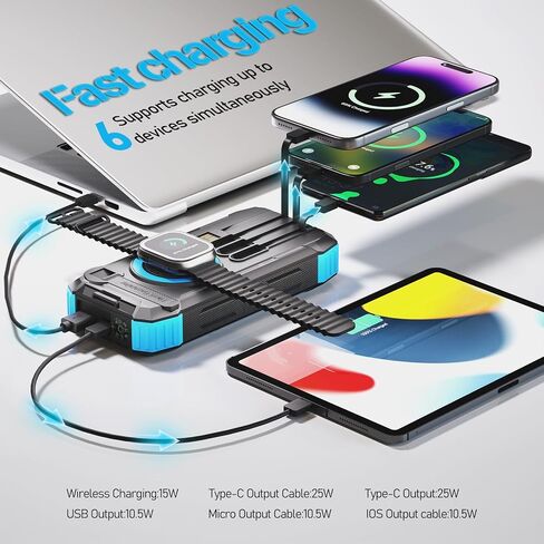 49800mAh Solar Power Bank with Hand Crank and 4 Cables, 3 in 1 Wireless Portable Charger with Camping Light & Compass, 25W Fast Charging USB C Battery for Camping Outdoor Emergency iPhone Android in Kuwait