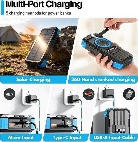 49800mAh Solar Power Bank with Hand Crank and 4 Cables, 3 in 1 Wireless Portable Charger with Camping Light & Compass, 25W Fast Charging USB C Battery for Camping Outdoor Emergency iPhone Android in Kuwait