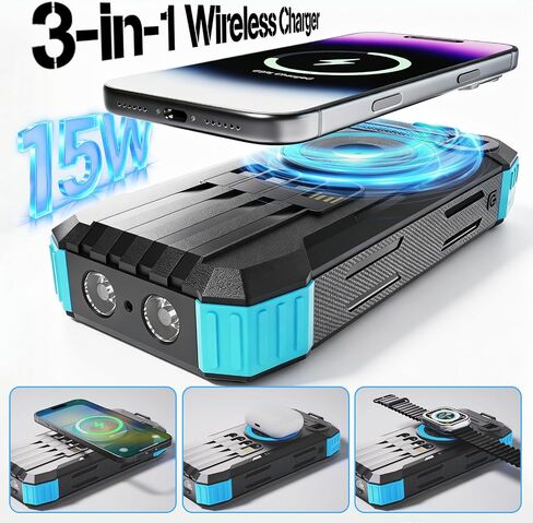 49800mAh Solar Power Bank with Hand Crank and 4 Cables, 3 in 1 Wireless Portable Charger with Camping Light & Compass, 25W Fast Charging USB C Battery for Camping Outdoor Emergency iPhone Android in Kuwait