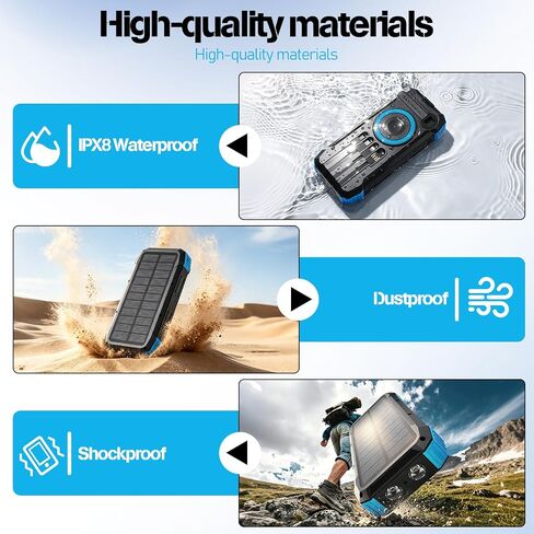 49800mAh Solar Power Bank with Hand Crank and 4 Cables, 3 in 1 Wireless Portable Charger with Camping Light & Compass, 25W Fast Charging USB C Battery for Camping Outdoor Emergency iPhone Android in Kuwait