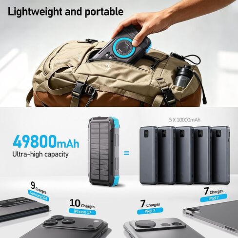 49800mAh Solar Power Bank with Hand Crank and 4 Cables, 3 in 1 Wireless Portable Charger with Camping Light & Compass, 25W Fast Charging USB C Battery for Camping Outdoor Emergency iPhone Android in Kuwait