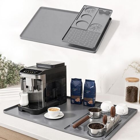 Silicone Coffee Mat 24"x16", Bar Mat with Detachable Dish Drying Tray and Tamper Holder, Waterproof Non Slip Bar Mat for Coffee Maker, Espresso Machine, Kitchen Countertop in Kuwait