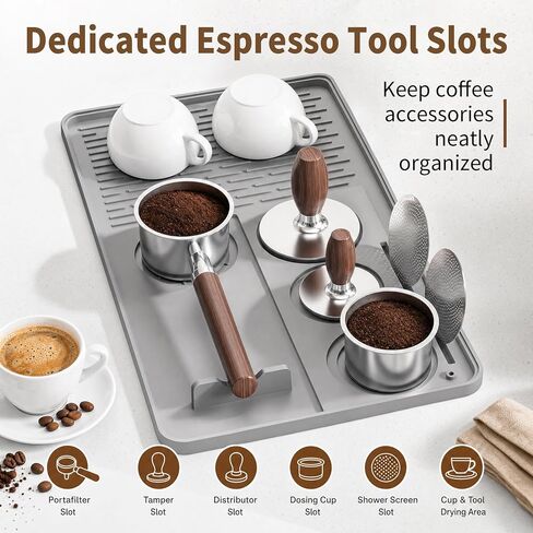 Silicone Coffee Mat 24"x16", Bar Mat with Detachable Dish Drying Tray and Tamper Holder, Waterproof Non Slip Bar Mat for Coffee Maker, Espresso Machine, Kitchen Countertop in Kuwait