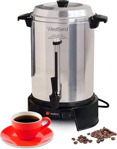 West Bend Commercial Coffee Urn Highly-Polished Aluminum Features Automatic Temperature Control Large Capacity with Quick Brewing Smooth Prep and Easy Clean Up NSF Approved, 55-Cup, Silver in Kuwait