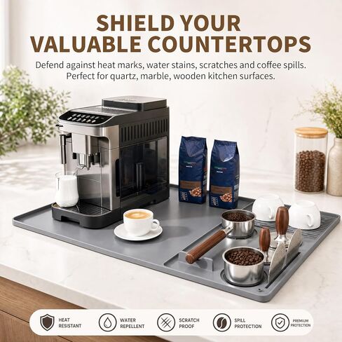 Silicone Coffee Mat 24"x16", Bar Mat with Detachable Dish Drying Tray and Tamper Holder, Waterproof Non Slip Bar Mat for Coffee Maker, Espresso Machine, Kitchen Countertop in Kuwait