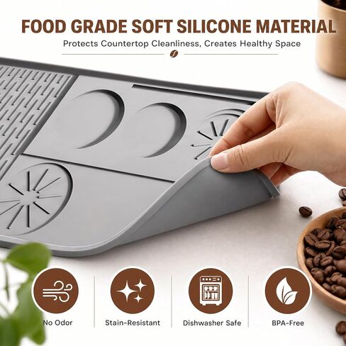 Silicone Coffee Mat 24"x16", Bar Mat with Detachable Dish Drying Tray and Tamper Holder, Waterproof Non Slip Bar Mat for Coffee Maker, Espresso Machine, Kitchen Countertop in Kuwait