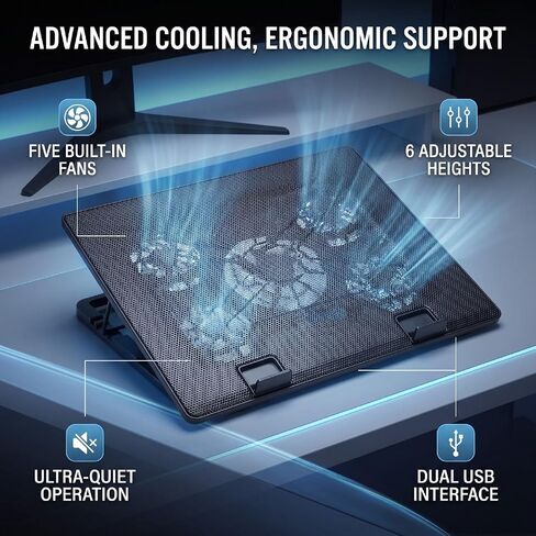 Cryfokt Laptop Cooling pad with 5 Quiet Fans, Height Stand for 12-17 inch in Kuwait