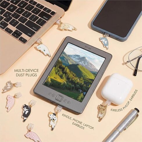 Kawaii Cat E-Reader Dust Plug Charms (6PCS), Type C Charging Port Accessories with Adorable Kitten Designs, Ideal Gift for Book Lovers Men Women Teachers Students in Kuwait