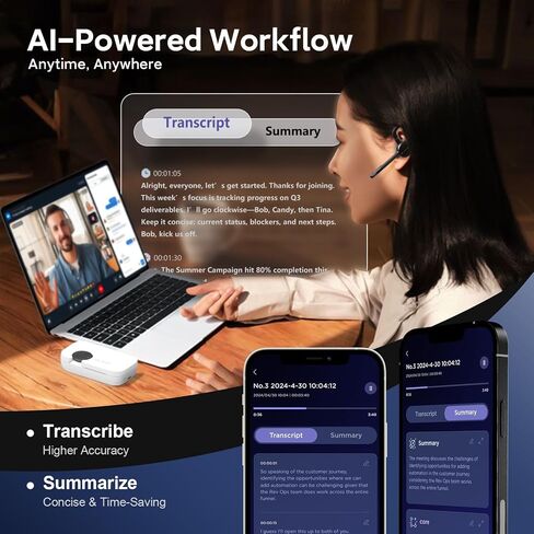 Archer Wireless Headset Single Ear Bluetooth Headset, Meeting Assistant with Transcription, AI Noise Canceling 50dB, AI Transcribe & Summarize, Voice Recorder with App for Office/Meeting/Driving in Kuwait