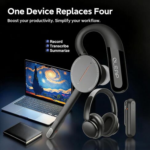 Archer Wireless Headset Single Ear Bluetooth Headset, Meeting Assistant with Transcription, AI Noise Canceling 50dB, AI Transcribe & Summarize, Voice Recorder with App for Office/Meeting/Driving in Kuwait