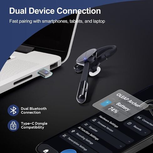 Archer Wireless Headset Single Ear Bluetooth Headset, Meeting Assistant with Transcription, AI Noise Canceling 50dB, AI Transcribe & Summarize, Voice Recorder with App for Office/Meeting/Driving in Kuwait