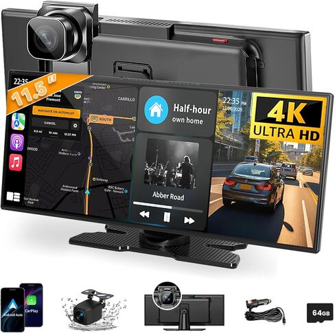 Largest 11.5 inch Wireless CarPlay Screen for Car, A-pple CarPlay & Android Auto HD Touchscreen with 4K Dash Cam/1080P Backup Camera/Navigation/Bluetooth/Voice Control/FM/Mirror Link,for All Vehicles in Kuwait