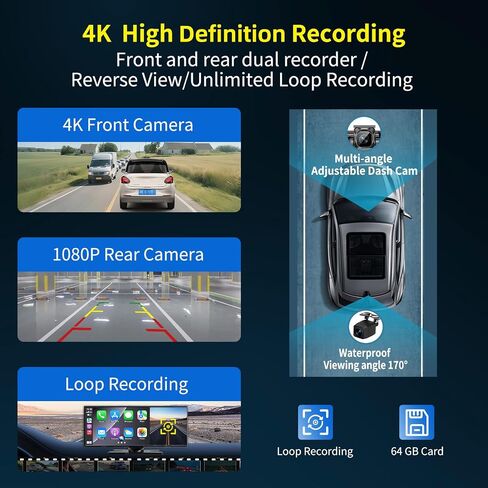 Largest 11.5 inch Wireless CarPlay Screen for Car, A-pple CarPlay & Android Auto HD Touchscreen with 4K Dash Cam/1080P Backup Camera/Navigation/Bluetooth/Voice Control/FM/Mirror Link,for All Vehicles in Kuwait