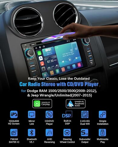【SOOEMAKA】 2026 Car Radio with CD/DVD Player for Dodge RAM 1500 2500 3500 (2009-2012), for Jeep Wrangle/Unlimited (2007-2015),Upgrade CarPlay&Android Auto,Online Navigation,AM,FM,Bluetooth in Kuwait