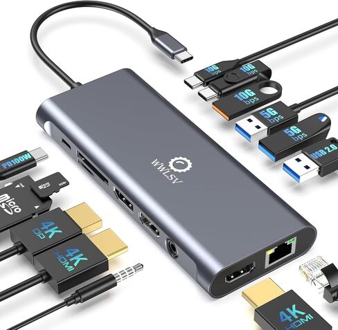 Docking Station 3 Monitors for HP/Dell/Lenovo/MacBook Laptop, Triple Display with Dual 4K HDMI, VGA, 14 in 1 USB C Hub, Computer Docking Station with 10Gbps USB, PD, Ethernet, SD/TF, Audio/Mic in Kuwait