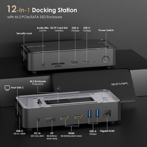 WAVLINK Laptop Docking Station 3 Monitors(Max Resolution: Single 8K or Triple 4K), 12-1 USB C Hub with 10Gbps M.2 PCIe/SATA SSD Enclosure, 2*HDMI + DP, 100W PD, for MacBook Pro/Air Mac mini M1–M4 in Kuwait