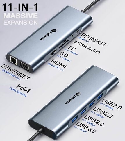 11-in-1 USB C Hub, Laptop Docking Station with RJ45 Gigabit Ethernet, 4K HDMI, 1080P VGA, SD/Micro SD Card Reader, 3.5 mm Audio Aux Jack, PD 100W Charging, Full Functional USB C Dongle in Kuwait