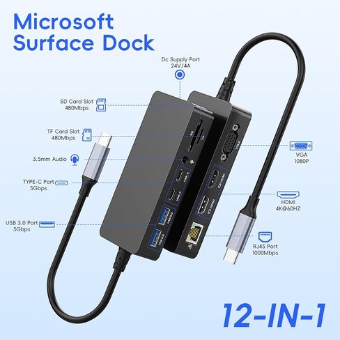 New Surface Thunderbolt 4 Dock Triple Displays 4K HDMI*2+VGA, 12 in 1 Surface Pro Docking Station with Power Adapter for Surface Pro 12/11/10/9/8/X/7/6/5, Surface Laptop 7/6/5/4, Surface Book Go Dock in Kuwait