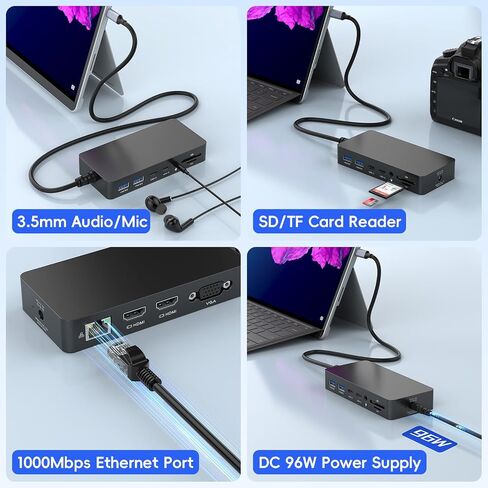New Surface Thunderbolt 4 Dock Triple Displays 4K HDMI*2+VGA, 12 in 1 Surface Pro Docking Station with Power Adapter for Surface Pro 12/11/10/9/8/X/7/6/5, Surface Laptop 7/6/5/4, Surface Book Go Dock in Kuwait