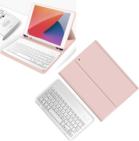 Wireless Tablet Keyboard with Magnetic Convenience and Shortcut Keys for IOS Tablet Computer 10.2 Inch, Includes Protective Case and Pen Holder (Pink Case and White Keyboard) in Kuwait
