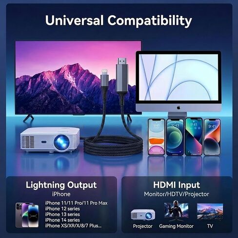dibdib Lightning to HDMI Adapter Cable 6.6FT 1080P, iPhone to HDMI Cable for TV Projector Monitor, Supports iPhone 14 13 12 11 XS XR X iPad (NOT iPhone 15+) in Kuwait
