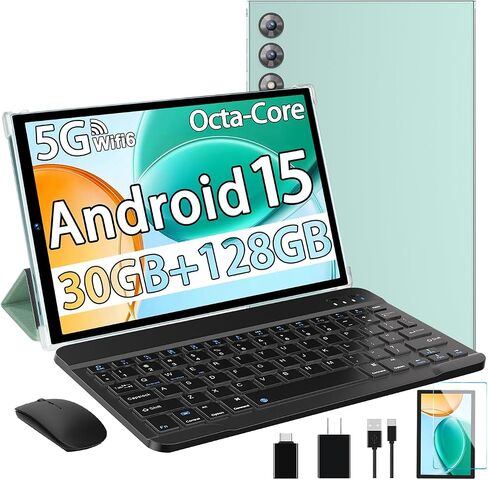 10.1" Android 15 Tablet, 30GB+128GB, 8000mAh, Tablets with Keyboard, Green in Kuwait