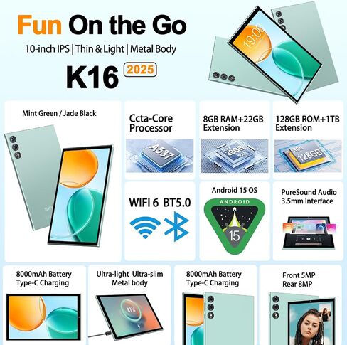 10.1" Android 15 Tablet, 30GB+128GB, 8000mAh, Tablets with Keyboard, Green in Kuwait