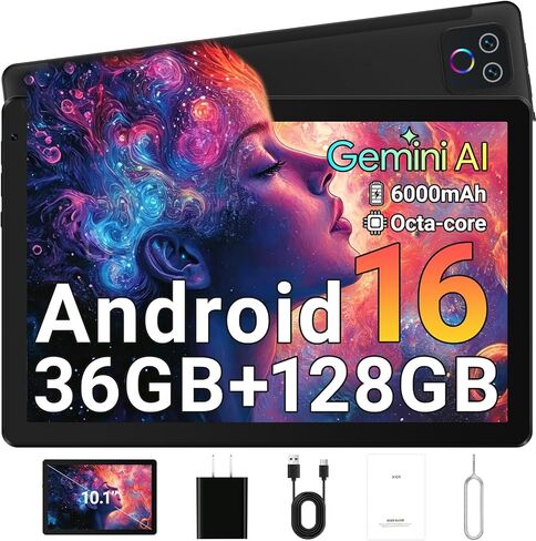 Gleeso Tablet, Android 16 Tablet, 36GB RAM 128GB ROM 1TB TF, 10 Inch Tablet, 8 core, 6000mAh Battery, Fast Charging, HD Display, Dual Camera, Face Unlock, Widevine L1, WiFi 6 BT5.4 in Kuwait