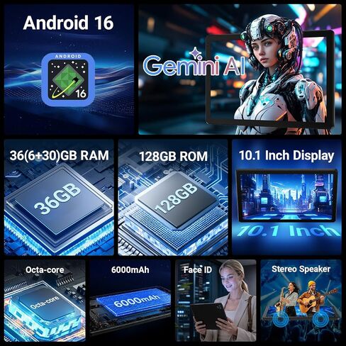 Gleeso Tablet, Android 16 Tablet, 36GB RAM 128GB ROM 1TB TF, 10 Inch Tablet, 8 core, 6000mAh Battery, Fast Charging, HD Display, Dual Camera, Face Unlock, Widevine L1, WiFi 6 BT5.4 in Kuwait