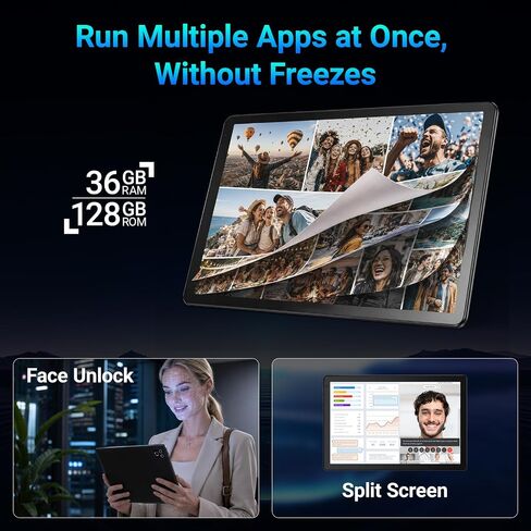 Gleeso Tablet, Android 16 Tablet, 36GB RAM 128GB ROM 1TB TF, 10 Inch Tablet, 8 core, 6000mAh Battery, Fast Charging, HD Display, Dual Camera, Face Unlock, Widevine L1, WiFi 6 BT5.4 in Kuwait
