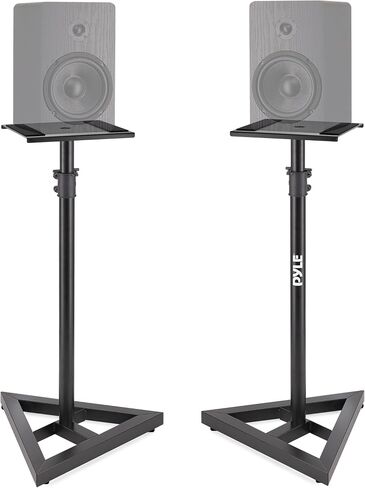 Pyle Speaker Stand Pair of Sound Play 1 and 3 Holder - Telescoping Height Adjustable from 26" - 52" Inch High Heavy Duty Three-point Triangle Base w/ Floor Spikes and 9" Square Platform, Black in Kuwait