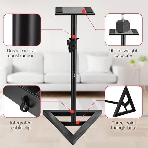 Pyle Speaker Stand Pair of Sound Play 1 and 3 Holder - Telescoping Height Adjustable from 26" - 52" Inch High Heavy Duty Three-point Triangle Base w/ Floor Spikes and 9" Square Platform, Black in Kuwait