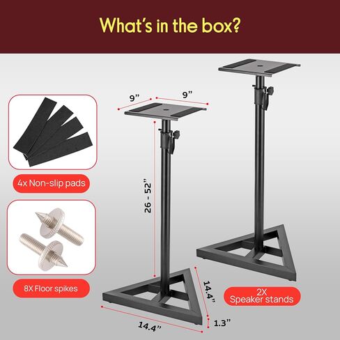 Pyle Speaker Stand Pair of Sound Play 1 and 3 Holder - Telescoping Height Adjustable from 26" - 52" Inch High Heavy Duty Three-point Triangle Base w/ Floor Spikes and 9" Square Platform, Black in Kuwait