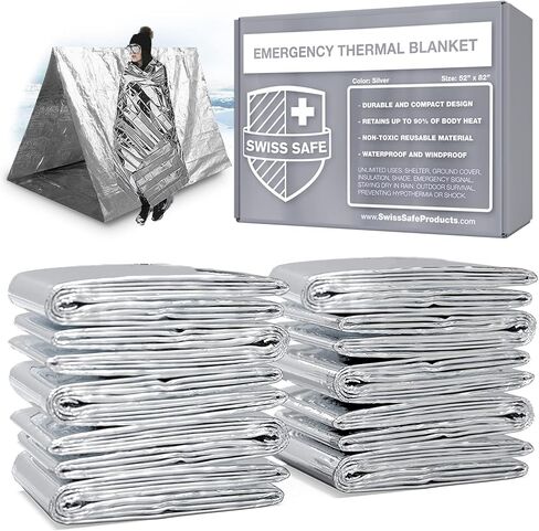 Swiss Safe Emergency Mylar Thermal Blankets + Bonus Space Blanket - Compact & Insulated for Cold Weather - Designed for NASA, Outdoor Camping, Survival, First Aid Car Kit - Silver, 25 Pack in Kuwait