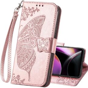 Wallet Case for Moto G 5G 2022,PU Leather Flip Protective Phone Case Wrist Strap Card Slots Holder Pocket Emboss Butterfly Flower Stand Case for Motorola Moto G 5G 2022 Black