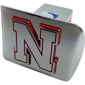 University of Nebraska Metal Emblem (Chrome with red Trim) on Chrome Metal Hitch Cover (Iron N)