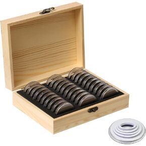 Wooden Coin Capsules Holder, 30 Pieces 46mm Coin Storage Organizer Box with Foam Gasket, 6 Sizes (20/25/30/35/40/46mm) Coins Collector Case for Coin Collection Supplies