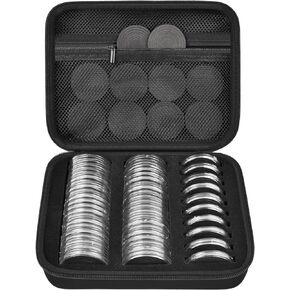 52 Pieces 46mm Coin Capsules with 6 Sizes (20/25/ 27/30/ 38/ 46mm), Coins Holder Collector Case with Foam Gasket and Plastic Storage Organizer for Coin Collection Supplies (Box Only) - Black Inner